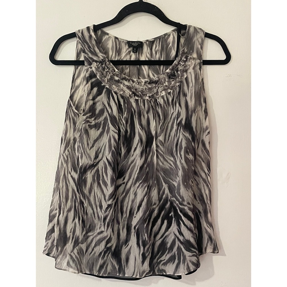 Talbots Petites Women's 12P 100% Silk Sleeveless Ruffle Neck Zebra Print Blouse
